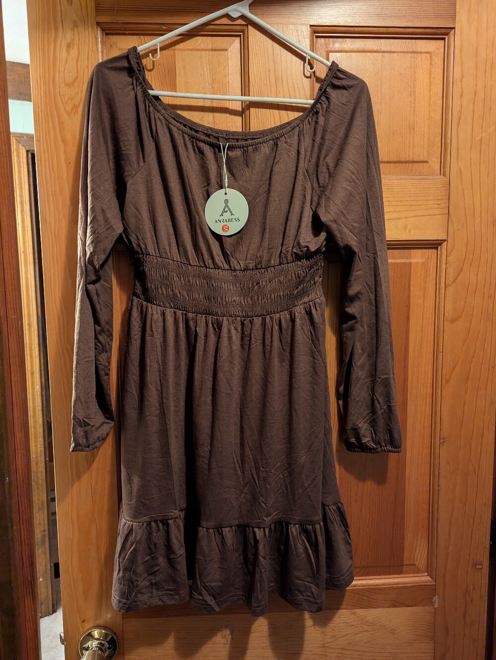Brown Long-Sleeve Smocked Waist Dress